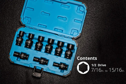 Half Inch Drive Universal Impact Socket Set 7/16 to 15/16 SAE 9-Piece Swivel Sockets in blue case