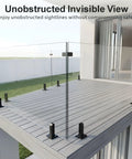 No Sweat Install 6 Panel Frameless Glass Deck Railing Kit With Top Shelf Stainless Steel Posts And Pre Cut Tempered Glass Panels on wooden deck.