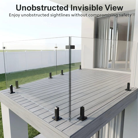 No Sweat Install 6 Panel Frameless Glass Deck Railing Kit With Top Shelf Stainless Steel Posts And Pre Cut Tempered Glass Panels on wooden deck.