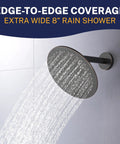 Solid Metal 8 Inch Rainfall Shower Head With High Flow Pressure Boost Oil Rubbed Bronze Finish mounted on wall, water flowing