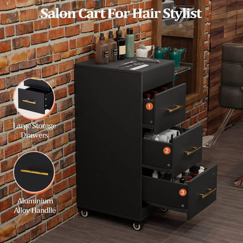 Pro Grade Salon Rolling Cart With Wheels Three Drawer Styling Station Mobile Beauty Cart With Hot Tools Holder Ample Storage For Salon Barbershop Spa And Tattoo Black, shown with open drawers and tool storage