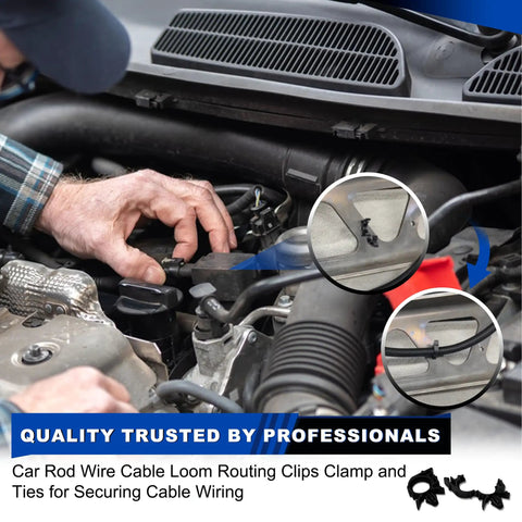 Mechanic using 200 Piece Car Wire Loom Routing Clips Kit With 14 Clip Sizes And 4 Universal Push Mount Zip Ties For wiring in engine