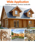 Wide view of a log house and various applications including furniture, landscaping, and wood construction.