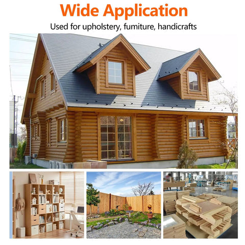 Wide view of a log house and various applications including furniture, landscaping, and wood construction.