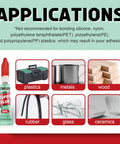 Super glue gel bottle with six category icons: plastics, metals, wood, rubber, glass, ceramics