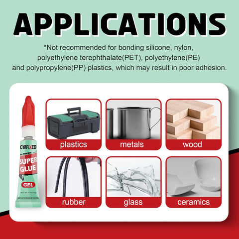 Super glue gel bottle with six category icons: plastics, metals, wood, rubber, glass, ceramics