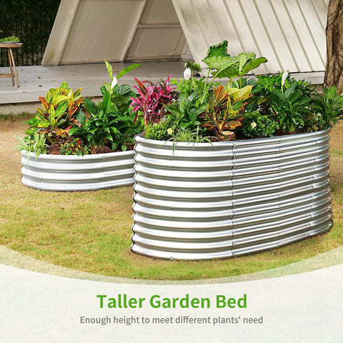 Oval Galvanized Raised Garden Beds 6x3x3 Feet With Large Capacity Metal Planter Box For Outdoor Use Deep Three Foot Tall Design Reducing Bending And Making Veggie Gardening A Breeze In Classic Silver placed outdoors with vibrant plants