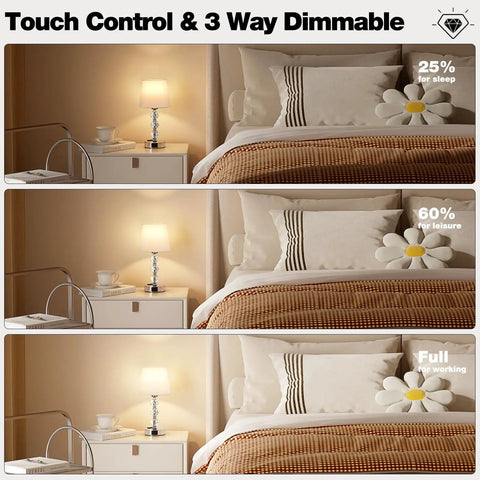 Crystal Table Lamp Set Of 2 With USB A And USB C Ports And 2 Pin Outlet Charge Up To Six Gadgets At Once Works On Or Off 14.6 Inch Tall White Bedside Lamps For Bedroom Or Living Room, shown in three dimmable settings.