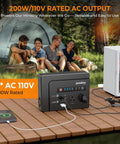 Solar Powered Generator 200W Portable Power Station with 40W Solar Panel, camping scene, charging devices on table