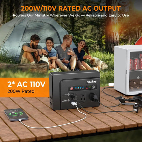 Solar Powered Generator 200W Portable Power Station with 40W Solar Panel, camping scene, charging devices on table