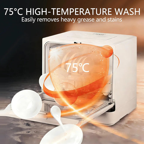 Compact Countertop Dishwasher Packing Eight Place Settings Five Heavy Duty Wash Cycles Dual Spray Arms And A Scalding Hot Rinse To Chop Through Stubborn Grime Without Breaking A Sweat showing high-temperature wash at 75°C.