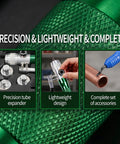 Heavy Duty Hydraulic Tube Expander Kit for Copper Aluminum and Mild Steel Pipes with cutter and deburring tool in green case