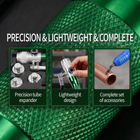 Heavy Duty Hydraulic Tube Expander Kit for Copper Aluminum and Mild Steel Pipes with cutter and deburring tool in green case
