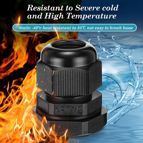 100 Pack 1/2 NPT Black Nylon Cable Glands IP68 Waterproof, fire and water resistant display