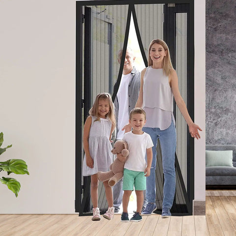 Breezy Magnetic Door Screen With Self Sealing Closure Keeps Bugs Out Lets Fresh Air In Heavy Duty Pet And Kid Friendly, in use.