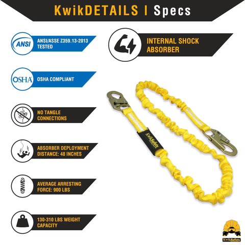 KwikSafety internal shock absorber lanyard, OSHA compliant, 130-310 lbs capacity, for Rattler Combo Full Body Safety Harness.