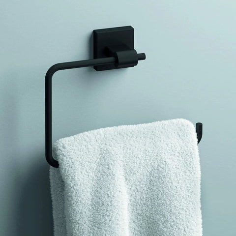 Matte Black Hand Towel Holder Ring for Kitchen or Bath, No Fuss Mount, Corrosion Resistant Finish, wall-mounted with towel
