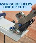 Badass Portable 12V Cordless Circular Saw Station features laser guide for precise cuts on wood.