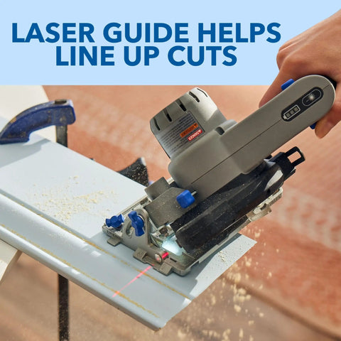 Badass Portable 12V Cordless Circular Saw Station features laser guide for precise cuts on wood.