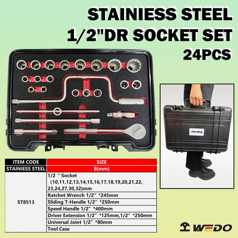 24 Piece Half Inch Drive Socket Set With Mechanics Ratchet Wrench Extensions Universal Joint And Tools Kit Stainless Steel