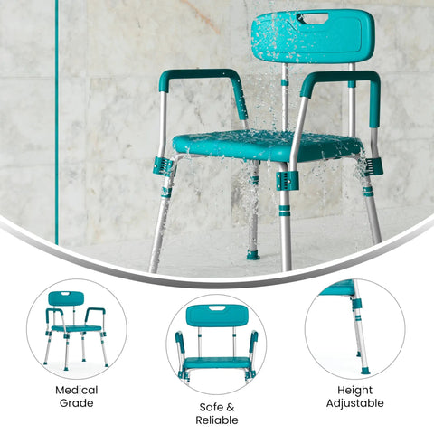 HERCULES Series Teal Bath And Shower Chair, 300 LB Capacity, Adjustable With Quick Release Back And Arms, Converts To Backless Stool, Safe ANSI BIFMA X5.1-17 Shower Seat For Elderly And Post Surgical