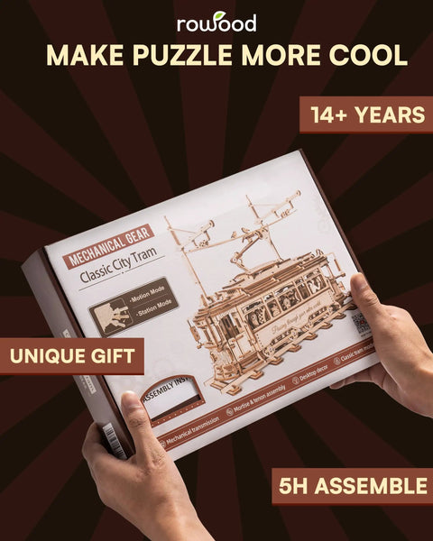 3D Wooden Puzzle Kit for Adults, Mechanical Tram Model 1:24 Scale, Car Model Replica, Intricate Gear System, Build Time About 5 Hours, Wood Building Craft, Unique Gift for Puzzle Fans and Hobbyists shown in box