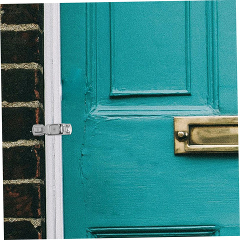 Stainless steel marine-grade door latch installed on teal exterior door, left edge.