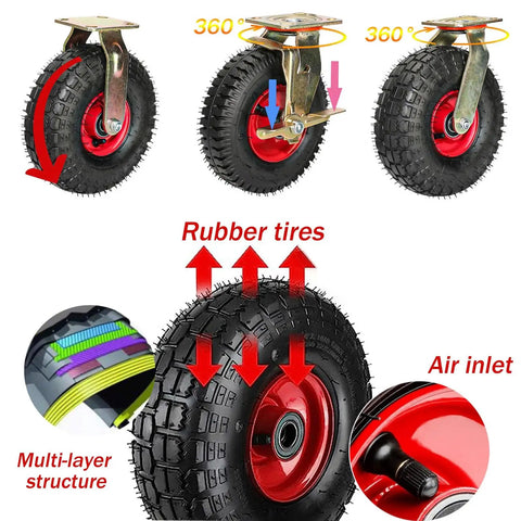 Heavy Duty Rubber Caster Wheels With Swivel Brake Plate Shock Absorbing Industrial Cart Replacement Tires featuring multi-layer rubber tires.