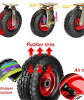Heavy Duty Rubber Caster Wheels With Steel Plates Shock Absorbing Red Rims Roll Smooth For Toolboxes Carts Furniture Trolleys 360 Swivel Brake Setup Built Like A Tank Handles Heavy Loads showing 360-degree swivel action and rubber tires.