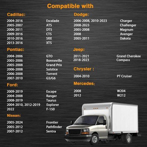 Compatibility list for Half Inch Drive Fuel Tank Lock Ring Tool, showing compatible GMC, Ford, Jeep, Nissan models with delivery truck image.