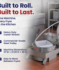 Commercial Electric Fryer Oil Filter System With Fry Powder Included Handles 75 Lb Grease Loads Portable Filtration Cart details heavy duty caster wheels and steel trolley design.