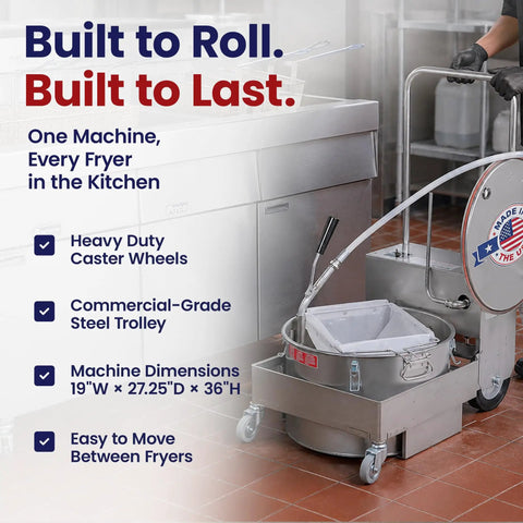 Commercial Electric Fryer Oil Filter System With Fry Powder Included Handles 75 Lb Grease Loads Portable Filtration Cart details heavy duty caster wheels and steel trolley design.