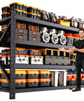 Hella Sturdy Heavy Duty Metal Storage Shelves With Rock Solid Frame And No Sweat Setup Four Tier Adjustable Garage Shelving Rack For Home Shop Or Warehouse filled with tools and storage bins