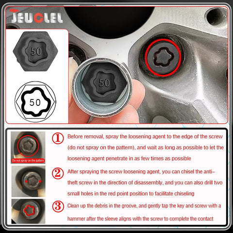 22 Piece Wheel Lock Nut Key Kit For BMW Vehicles With All In One Socket Tool Set To Remove And Install Anti Theft Lug Nuts With Pattern Matching Keys For Quick No Hassle Fit Durable Chrome Finish Great For DIY Enthusiasts And Pros, close-up of socket and lug nut alignment