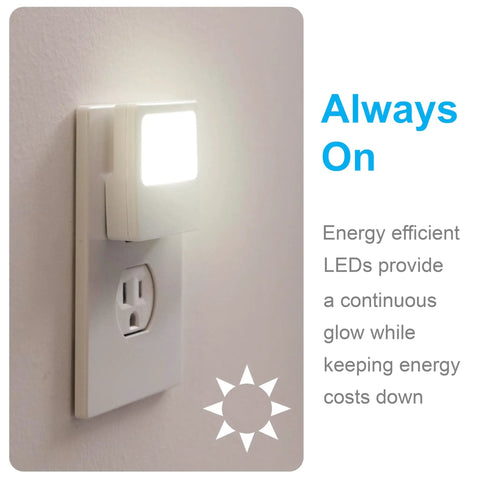 Always On LED Night Light Plug In Wall For Bedroom Nursery Bathroom Hallway Compact Low Key Soft Glow Energy Efficient UL Listed 2 Pack Model 11311 shown plugged into wall outlet, emitting soft glow.