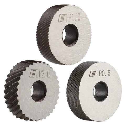 Diagonal Dual Wheel Knurling Tool Set With Interchangeable Wheels For 0.5mm, 1mm, And 2mm Knurling, The Go To Kit For Knobs And External Metal Texturing, Replacing Damaged Linear Knurl Tools, showing close-up of wheels with sizes.