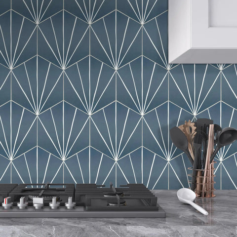 Blue Art Deco Hexagon Flower Peel And Stick Backsplash Tile Set For Kitchen And Bathroom Self Adhesive Wall Tiles