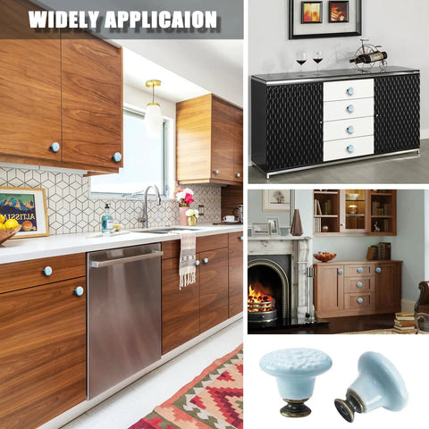 Sky Blue Ceramic Cabinet Knobs in kitchen and furniture settings, 34mm round, glazed ceramic, ideal for drawers and cabinets.