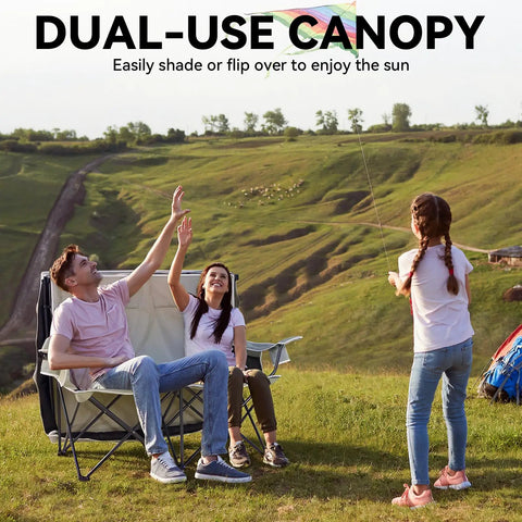 Double Camping Chair With Shade Canopy for Two People set on a grassy hill, family enjoying the outdoors