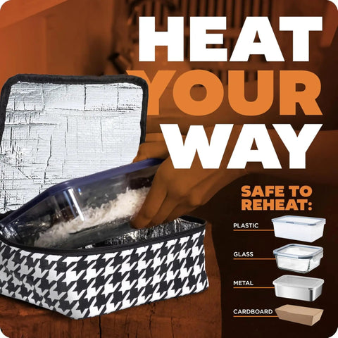 Mini Heated Lunch Box Portable Electric Warmer for work with houndstooth design, open with food container inside