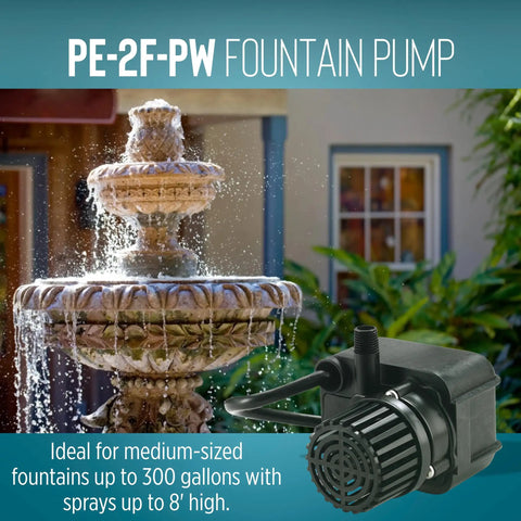 Powerful Workhorse Compact Submersible Fountain Pump For Small Ponds And Water Features, 115 Volt, 300 GPH next to a fountain
