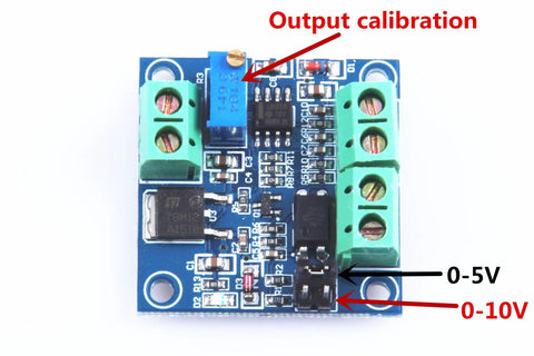 Close-up of PWM To Voltage Module Converts PWM To Analog 0 To 10 Volt Signal For PLCs And Industrial Control Panels with labels