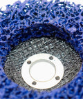 Ultimate 3 Pcs 100 115 125mm Poly Strip Abrasive Disc Wheels Kit angle grinder close-up of blue disc wheel texture.