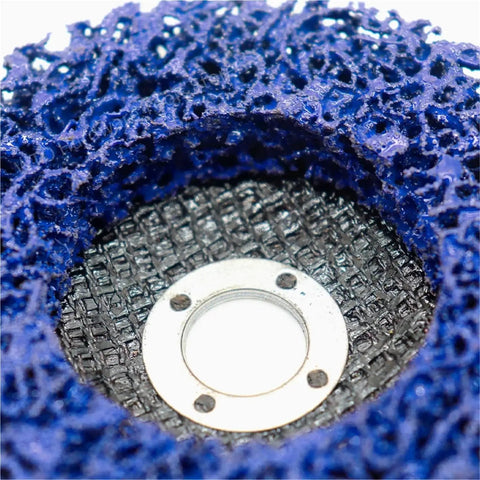 Ultimate 3 Pcs 100 115 125mm Poly Strip Abrasive Disc Wheels Kit angle grinder close-up of blue disc wheel texture.