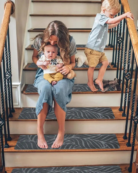 Family using Peel And Stick Non Slip Stair Treads 8x30 Inches 15 Pack For Wooden Steps With Measuring Tool Easy Install Dark Grey Anti Slip Stair Carpet Runner Self Adhesive Grip on wooden stairs