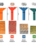 Color Coded Coin Counting Tubes With 150 Assorted Flat Coin Wrappers For Pennies Through Quarters Set Of Four In Blue Green Orange Red Sweet For Home Office Cash Handling Quick Sorting And Bank Deposit Prep with dimensions and coin images.