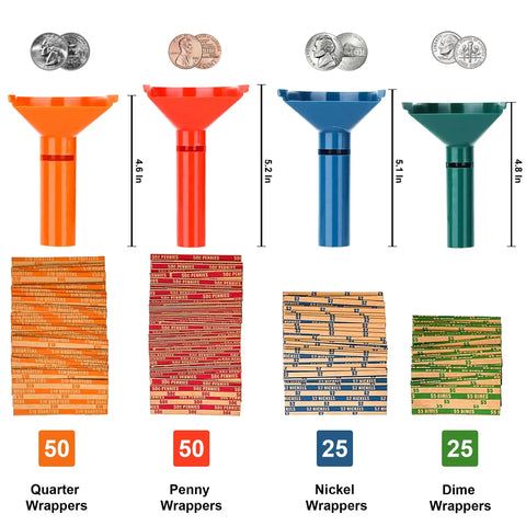 Color Coded Coin Counting Tubes With 150 Assorted Flat Coin Wrappers For Pennies Through Quarters Set Of Four In Blue Green Orange Red Sweet For Home Office Cash Handling Quick Sorting And Bank Deposit Prep with dimensions and coin images.