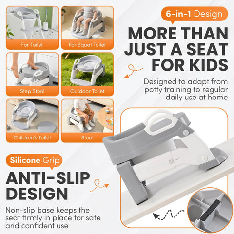 No Sweat Potty Training Setup With This 6 In 1 Foldable Toddler Toilet Seat Featuring A Rock Solid Step Stool Ladder And Adjustable Height For Smooth Sailing Bathroom Trips And Effortless Cleaning Gray White