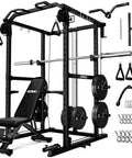 Built Like A Tank Power Cage Rack With Cable Crossover System And 2000 Pound Load Bearing Capacity For Game Changing Home Gym Setup Including Black Steel Framing Multi Function Workout Machine With Extra Training Attachments featuring a black power rack, weights, and attachments.