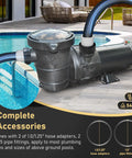 Above Ground Pool Pump 1.5HP 115V With On Off Switch shown by poolside with hose adapters and pipe fittings displayed